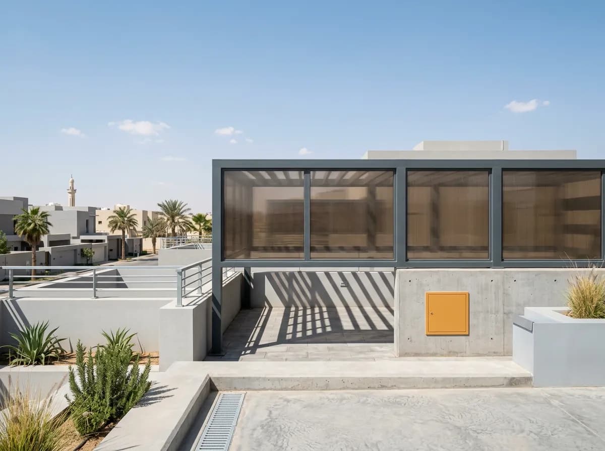 ساتر لكسان معتم بلون برونزي داخل إطار حديد على شرفة منزل في الرياض، تظهر فيه الإضاءة النافذة من خلف اللوح